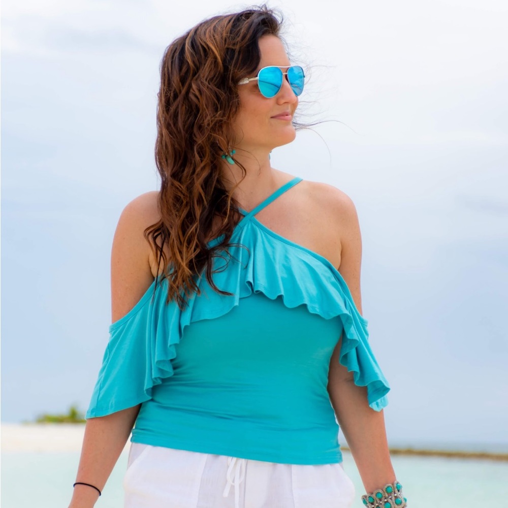 Blue spaghetti strap, open shoulder summer top